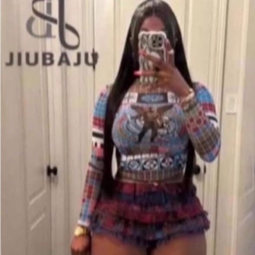 Colorful Plaid Ruffle Skirt and Patterned Top